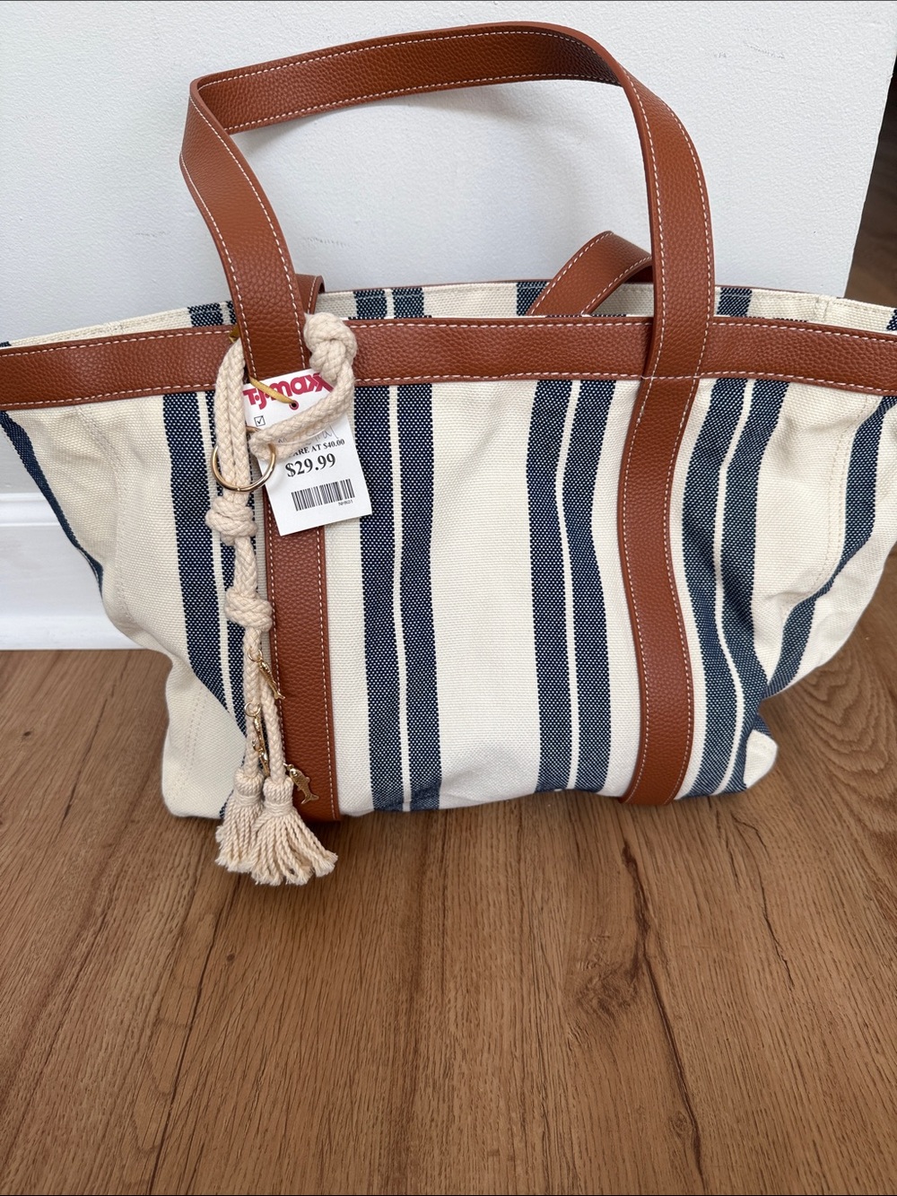 House of Harlow Striped Canvas Tote Bag with Tan Trim